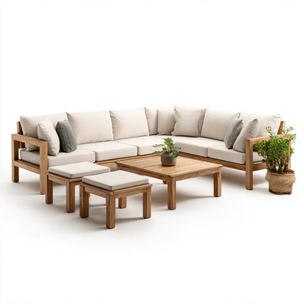 Salon de jardin d’angle 5 pièces beige en acacia massif avec coussins en polyester 250 x 250 x 70 cm