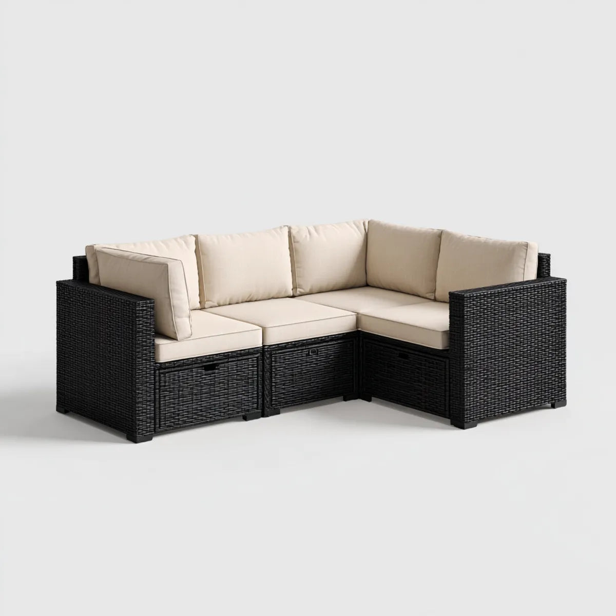 Salon de jardin d'angle modulable 4 places noir et beige en résine tressée PE 210 x 210 x 85 cm