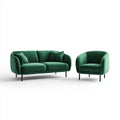 Ensemble canapé 2 places et fauteuil vert en velours de polyester forme arrondie 180 x 82 x 78 cm et 82 x 78 x 78 cm