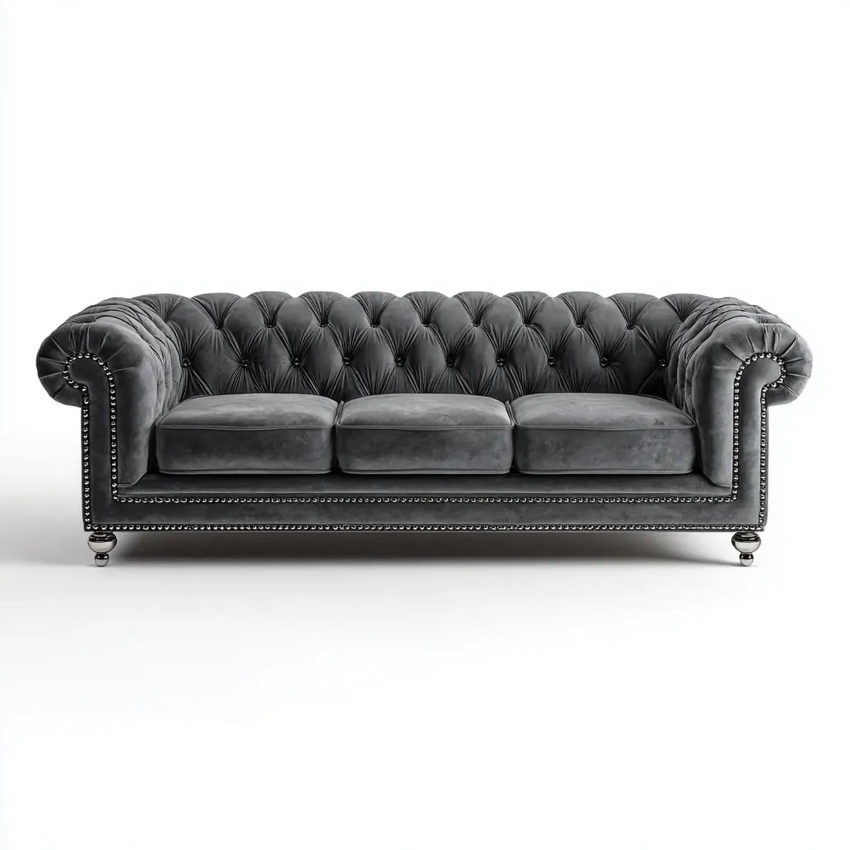 Canapé 3 places Chesterfield gris anthracite 225 x 90 x 78 cm en velours polyester forme droite