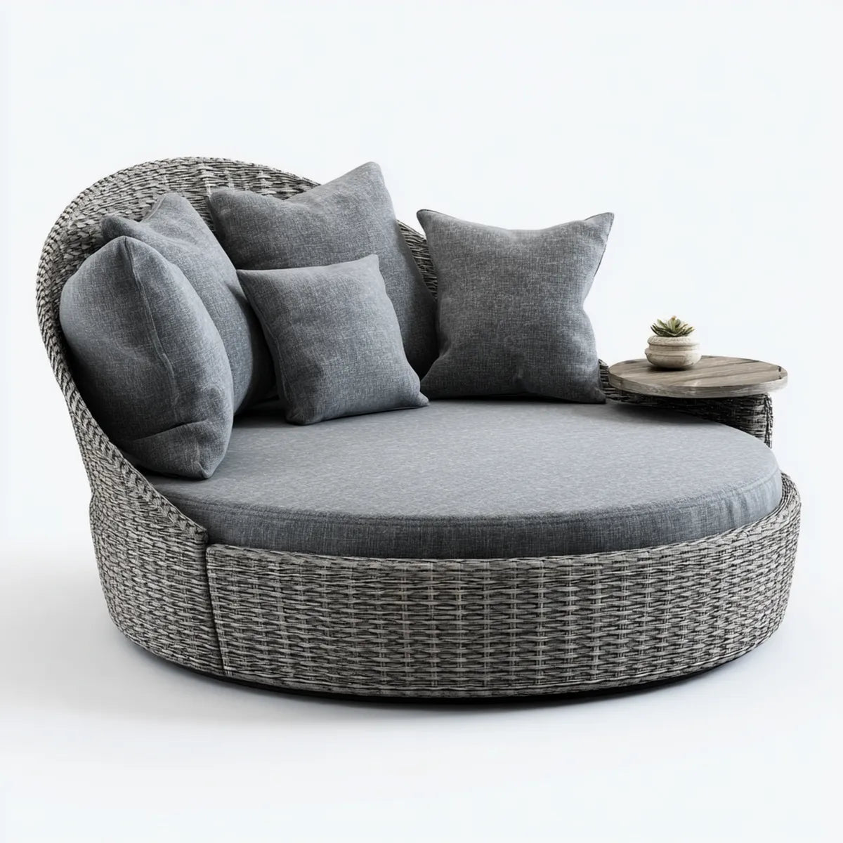 Bain de soleil double rond gris en résine tressée PE avec coussins 180 × 180 × 90 cm