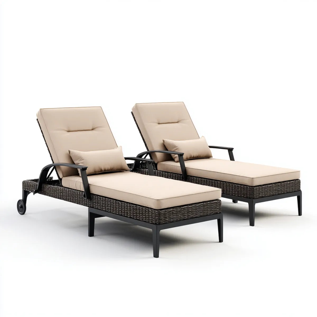 Lot de 2 bains de soleil inclinables beige et noir en rotin PE avec coussins rectangulaires 200 x 70 x 35 cm