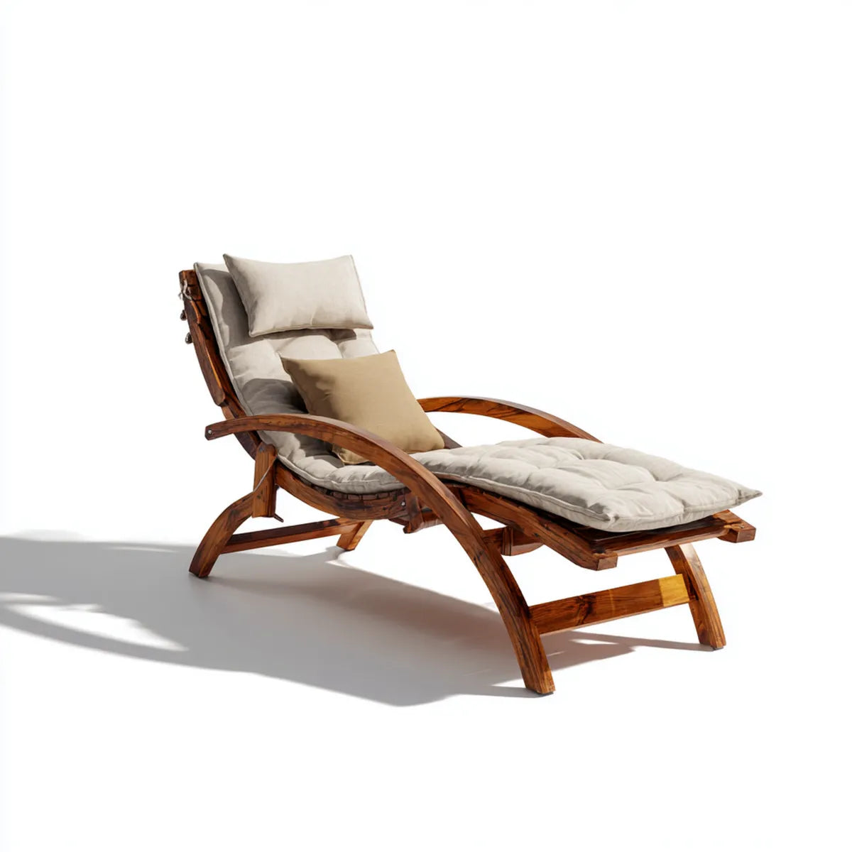 Chaise longue de jardin inclinable marron avec coussins beige en bois massif forme courbée 190 x 70 x 95 cm