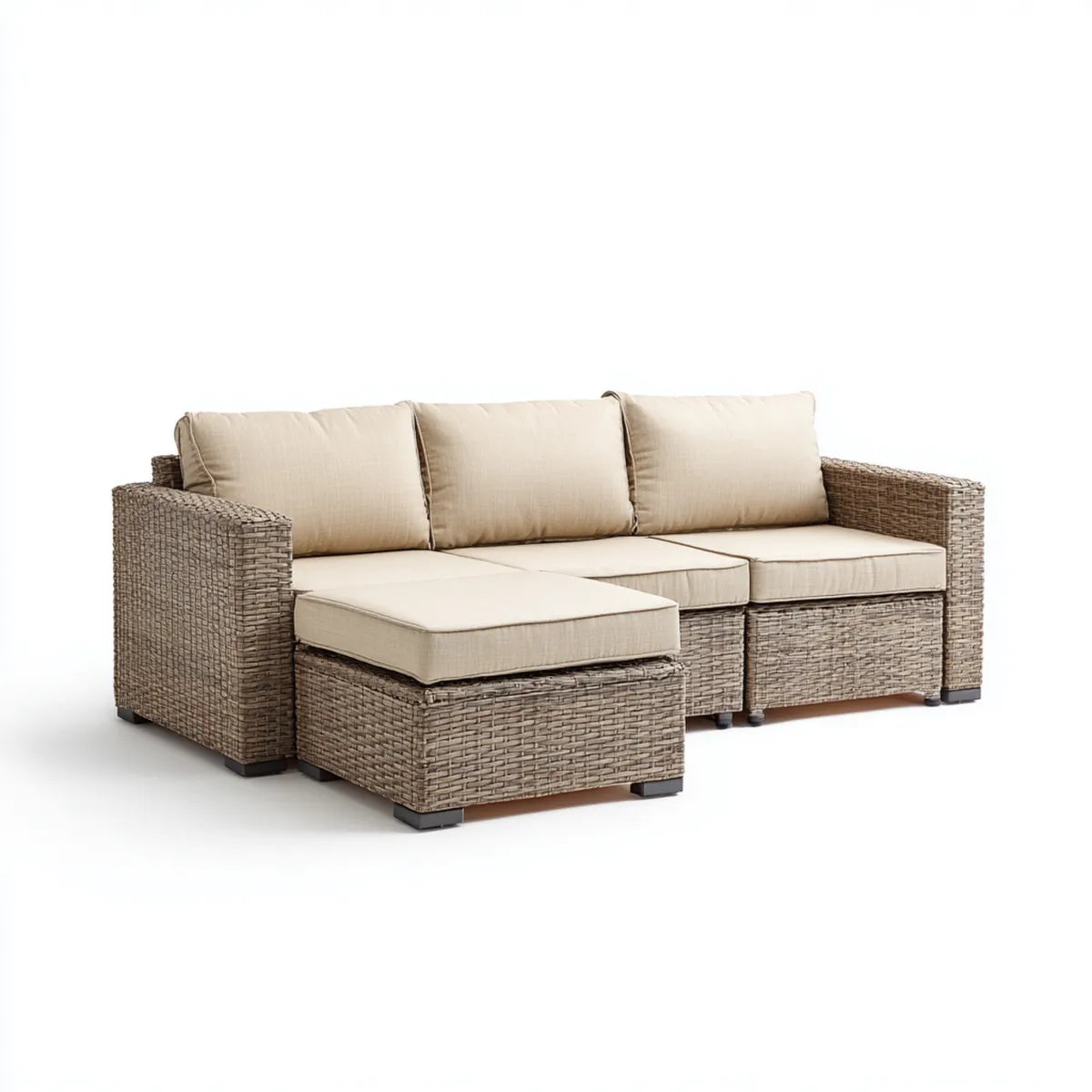 Salon de jardin 3 places avec repose-pieds beige et brun en résine tressée PE 230 x 80 x 65 cm