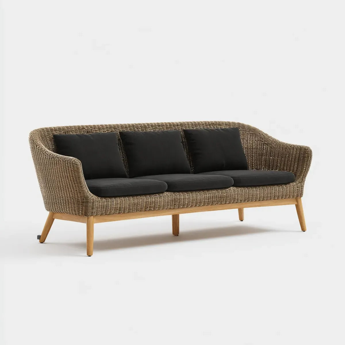 Canapé de jardin 3 places beige et noir en résine tressée avec pieds en acacia 200 x 78 x 80 cm