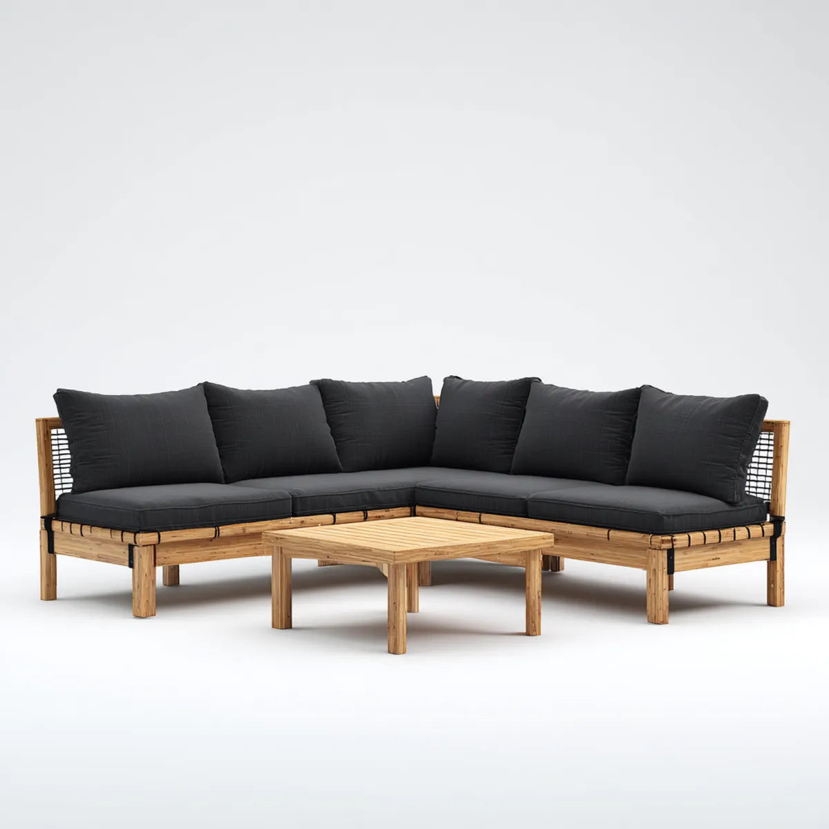 Salon de jardin d'angle 5 places noir et naturel en bambou avec table basse 240 x 180 cm