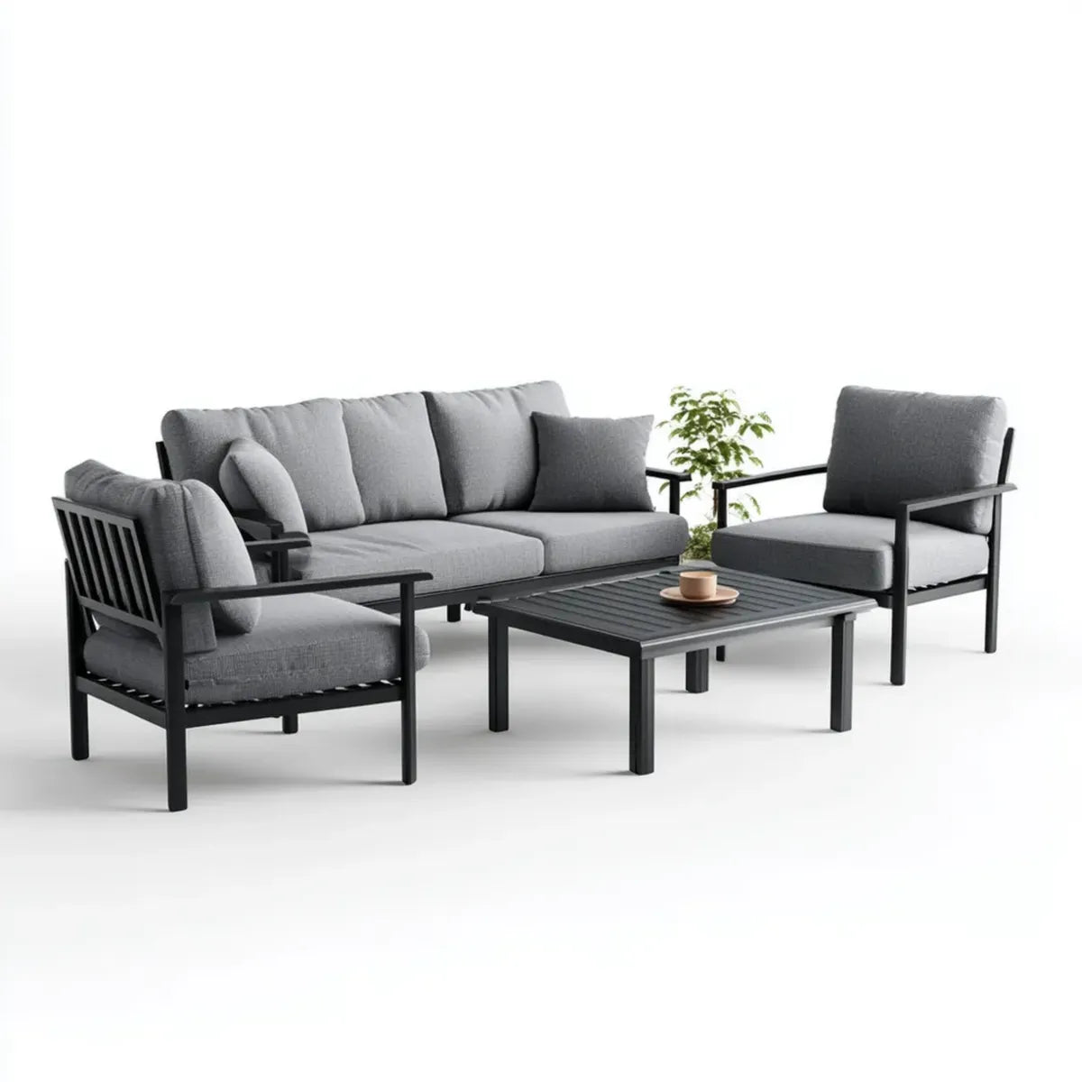 Salon de jardin 4 pièces gris anthracite en aluminium avec canapé 3 places fauteuils et table basse 180 x 75 x 70 cm