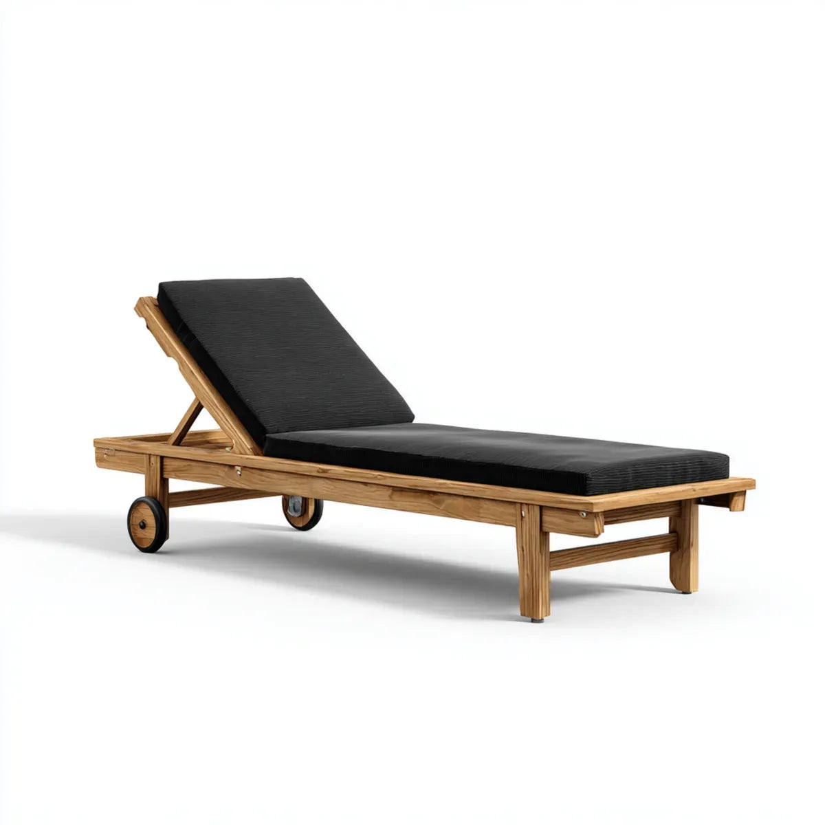 Bain de soleil à roulettes noir et bois naturel en bois massif rectangulaire 200 x 65 cm