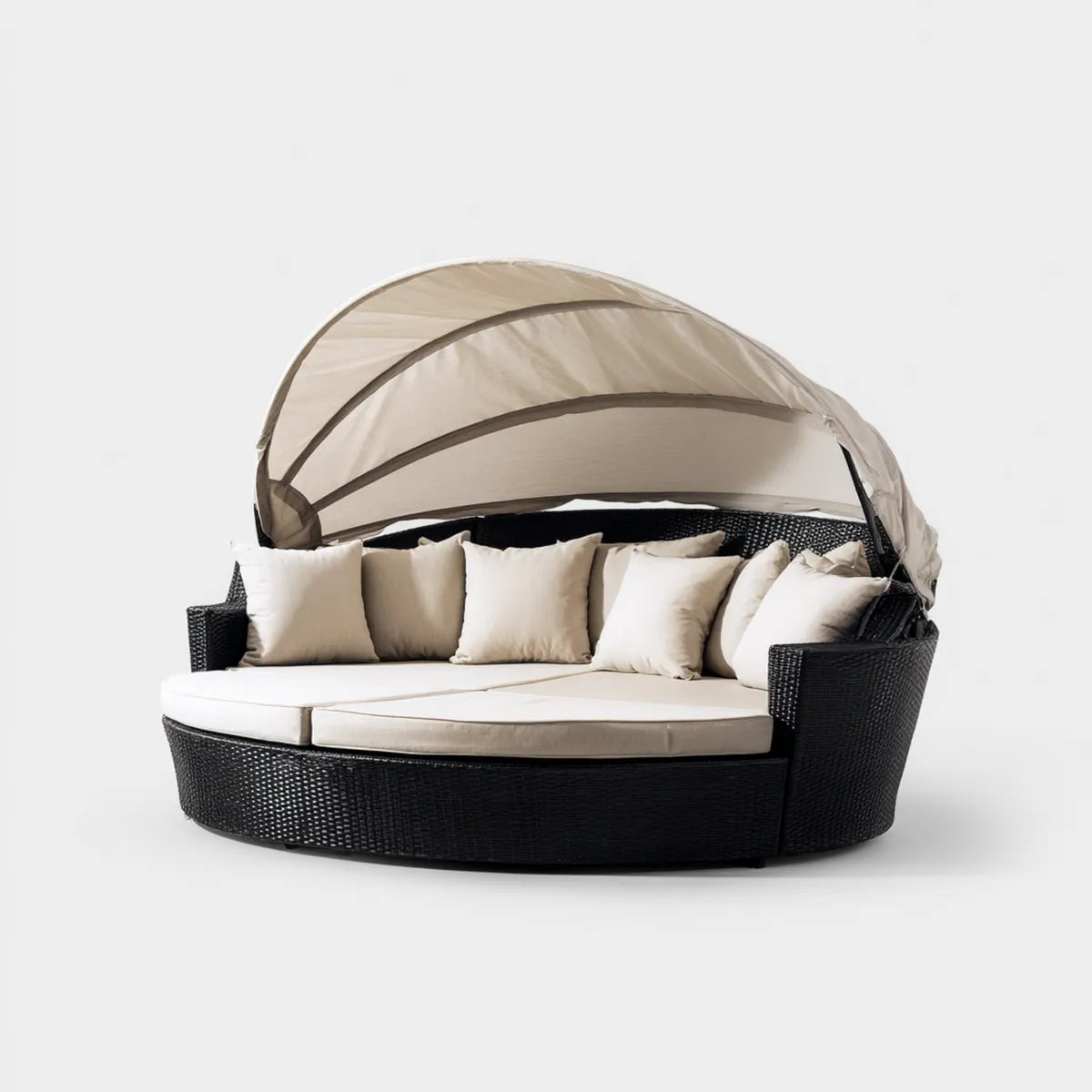 Lit de jardin rond avec pare-soleil beige en résine tressée PE 200 x 180 x 155 cm