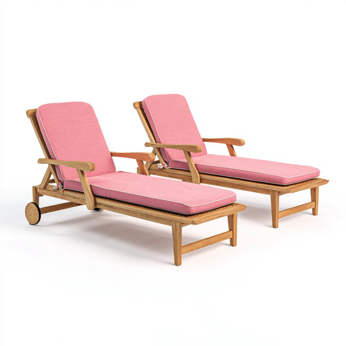 Lot de 2 bains de soleil réglables rose en teck massif avec coussins rectangulaires 200 x 65 x 35 cm