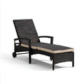 Bain de soleil à roulettes noir avec coussin beige 198 x 65 x 95 cm en résine tressée PE et acier