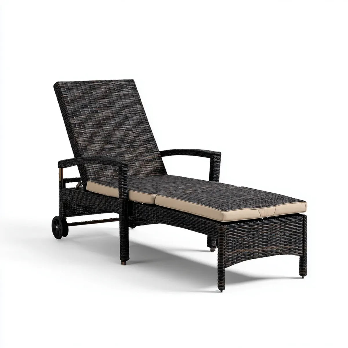 Bain de soleil à roulettes noir avec coussin beige 198 x 65 x 95 cm en résine tressée PE et acier