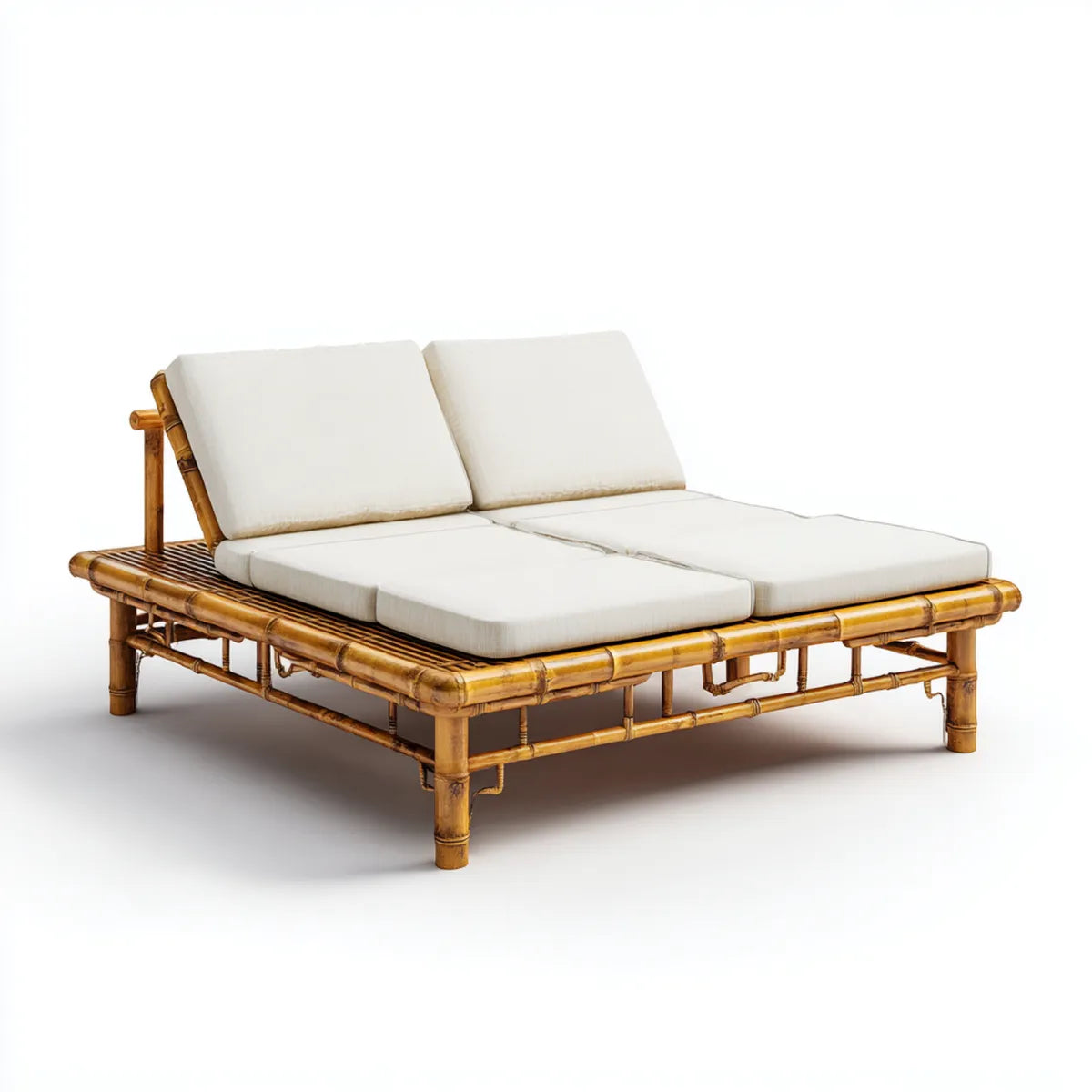Bain de soleil double en bambou naturel beige avec coussins 200 x 140 x 75 cm